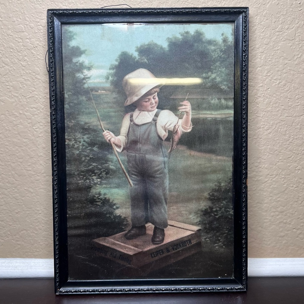 Antique Litho Print Boy Fishing, W.S. Mowbray, Advertising Memorabilia, Keiper